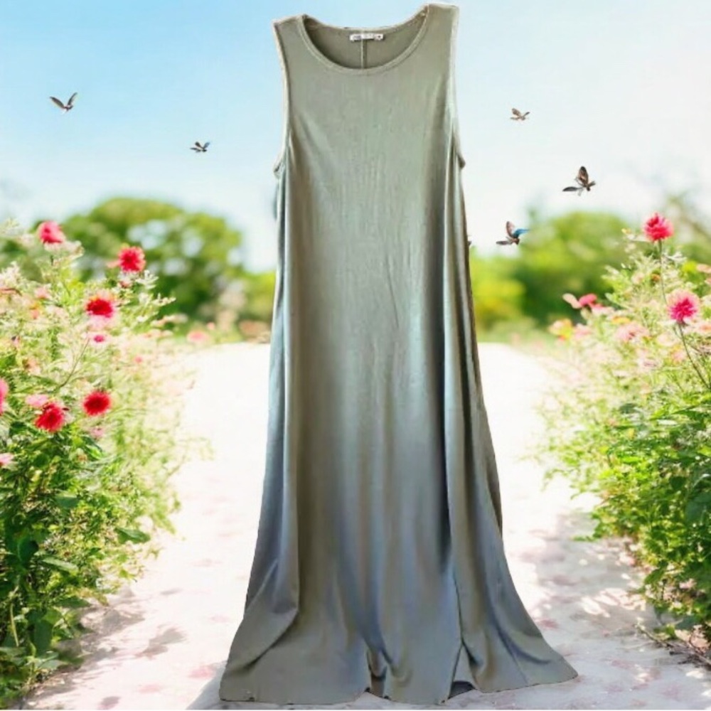 Zara Green T-shirt Tunic Sleeveless Swing Dress Knit Midi Pockets